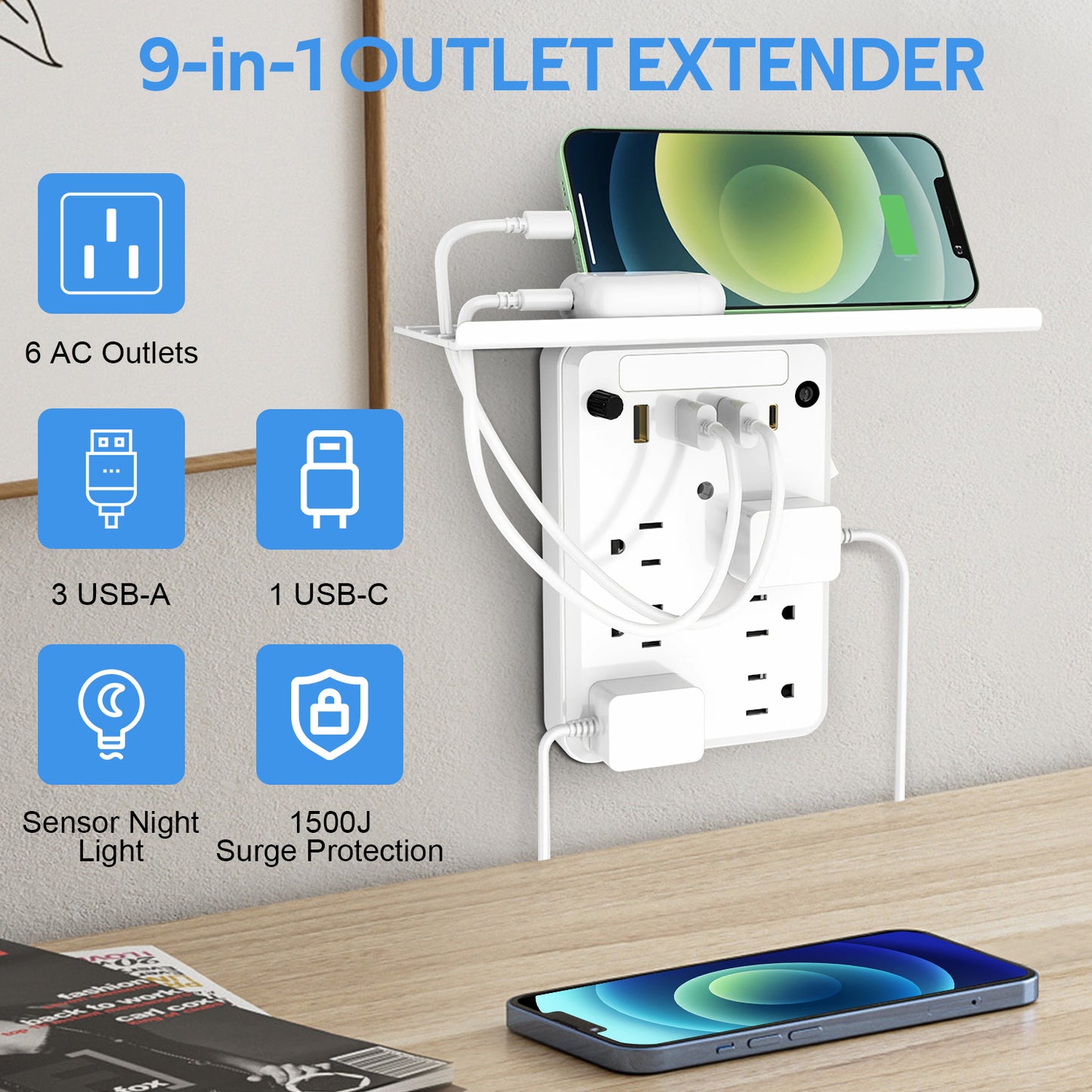 Multi Plug Outlet Surge Protector with Shelf and Night Light, 6 Outlet Extender with 4 USB Charging Ports, Wall Outlet Expander Power Strip for Home, Office, Travel
