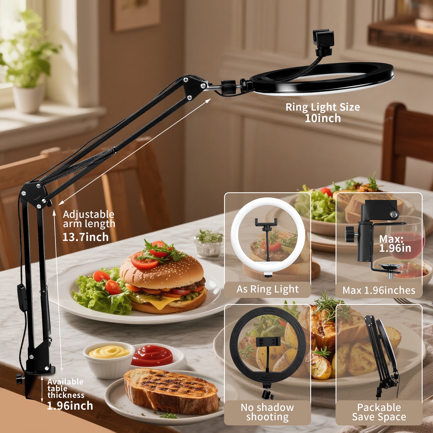 Overhead Camera Mount with Ring Light Phone Holder,10" LED Ring Light for Desk with Stand, Phone Tripod with Light for Video Recording TikTok Live Stream Cooking Kitchen Vlogging