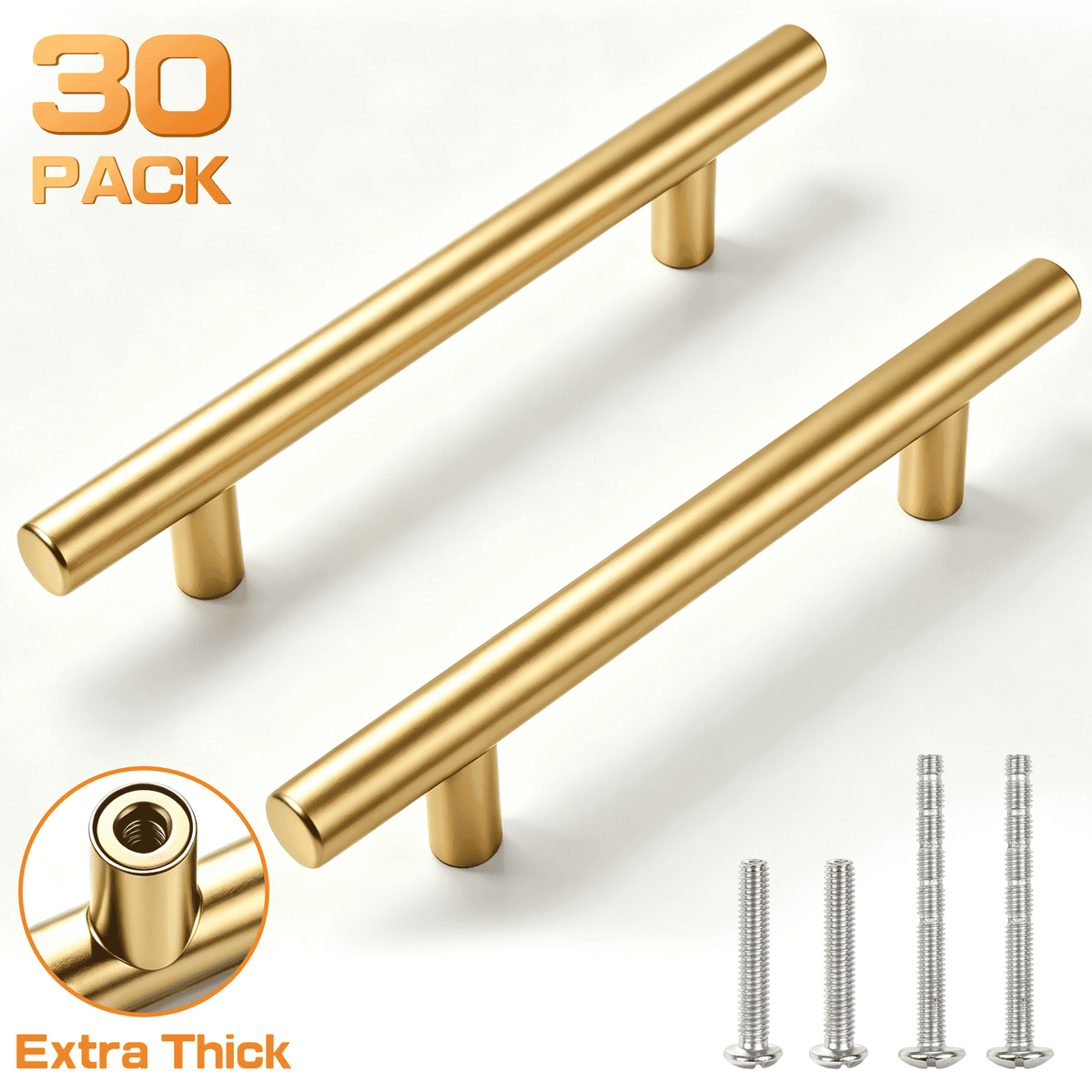 30 Pack 6 Inch Cabinet Pulls Brushed Brass Stainless Steel Kitchen Drawer Pulls Cabinet Handles 6 Length, 3/4 Inch Hole Center with Mounting Template