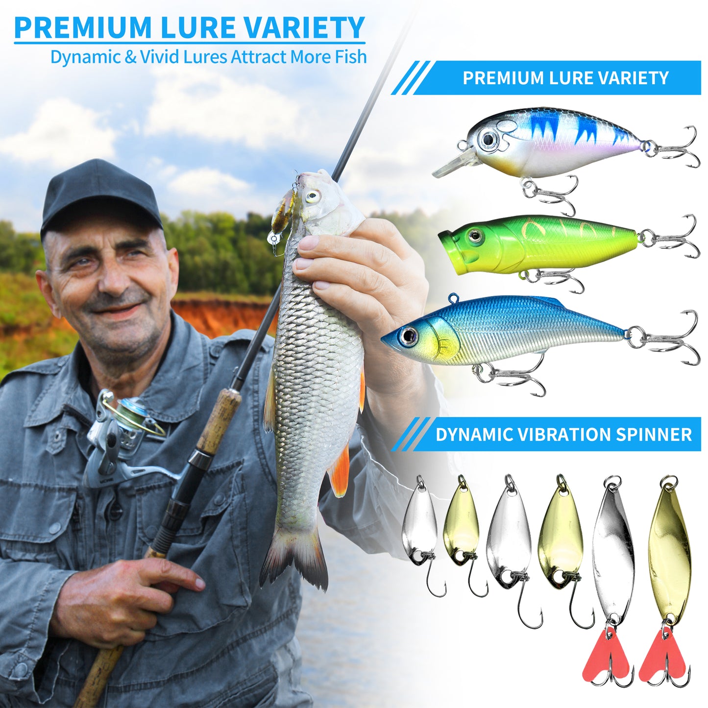Fishing Lures Kit for Freshwater Bait Tackle Kit for Bass Trout Salmon, Fishing Accessories Tackle Box Including Spoon Lures, Soft Plastic Worms, Crankbait Jigs Fishing Hooks (59Pcs)