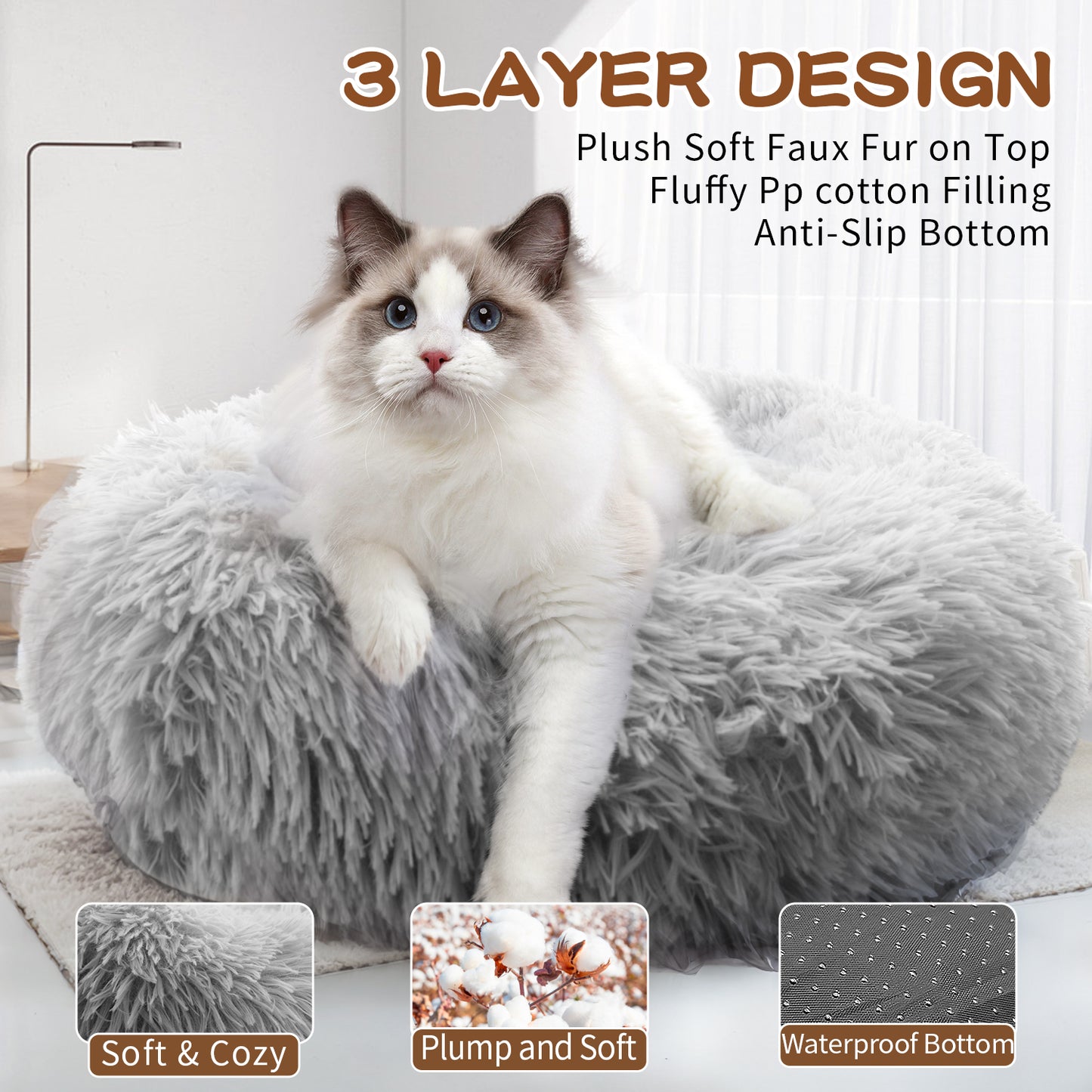Calming Dog & Cat Bed, Anti-Anxiety Donut Washable Warming Soft Pet Bed, Fluffy Faux Fur Plush Cushion Bed for Small Medium Dogs and Cats-20inch