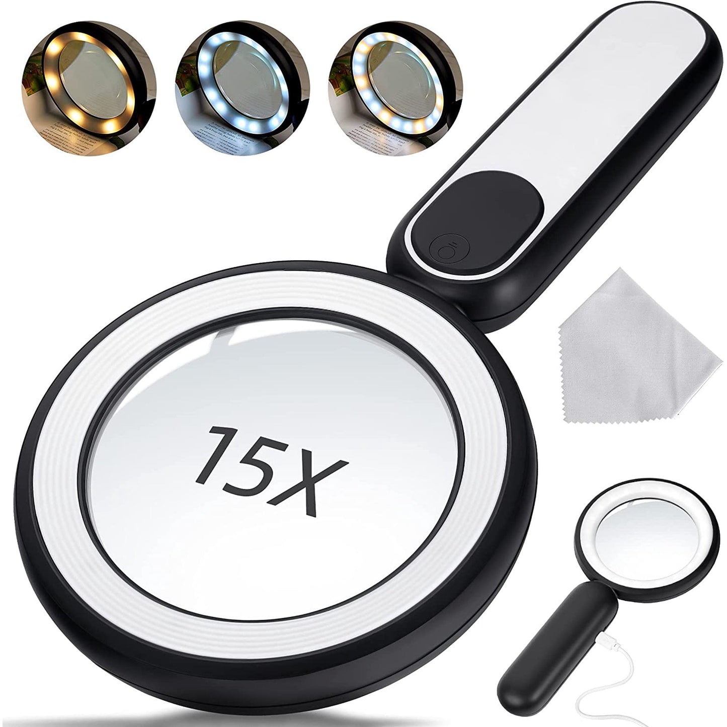 Meromore 15X Magnifying Glass with 21 LED Light, Handheld Illuminated Magnifying Glass with 3 Light Modes, USB Rechargeable Magnifier Low Vision Seniors Reading