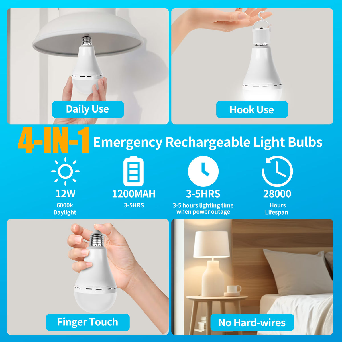 Rechargeable Emergency LED Light Bulb with Hook, Stays Lit When Power Fails, 1200mAh 12W 70W Equivalent 6500K Daylight E26 Bulbs for Home, Camping, Hiking, 8 Pack