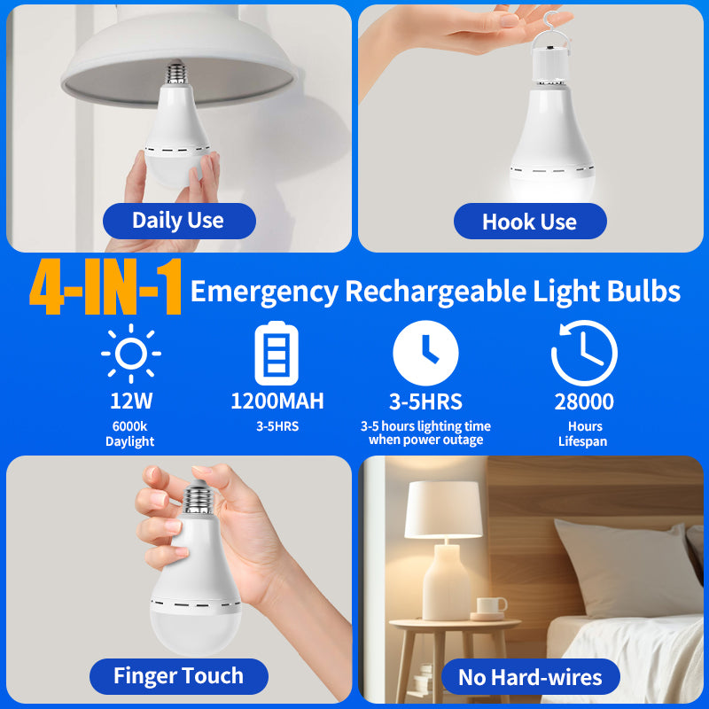 Rechargeable Emergency Light Bulbs, Battery Powered LED Light Bulb 6500K Daylight E26 12W 70W Equivalent with 1200mAh for Home Power Outage Camping Hurricane, 4 Pack