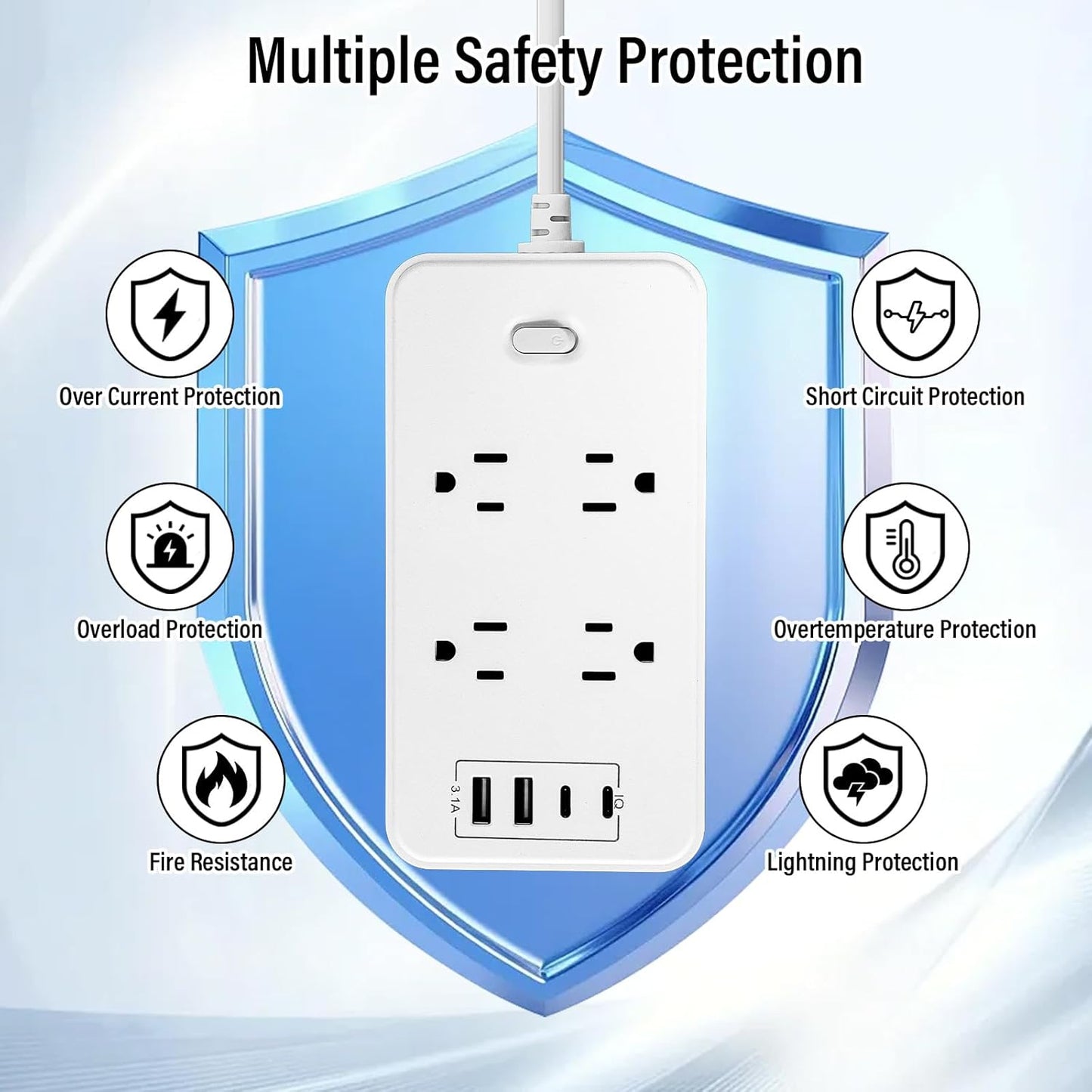 Power Strip Surge Protector, 6.5Ft Extension Cord with 8 Outlets 4 USB Ports(2 USB-C), Wall Mount for Home Office (White)