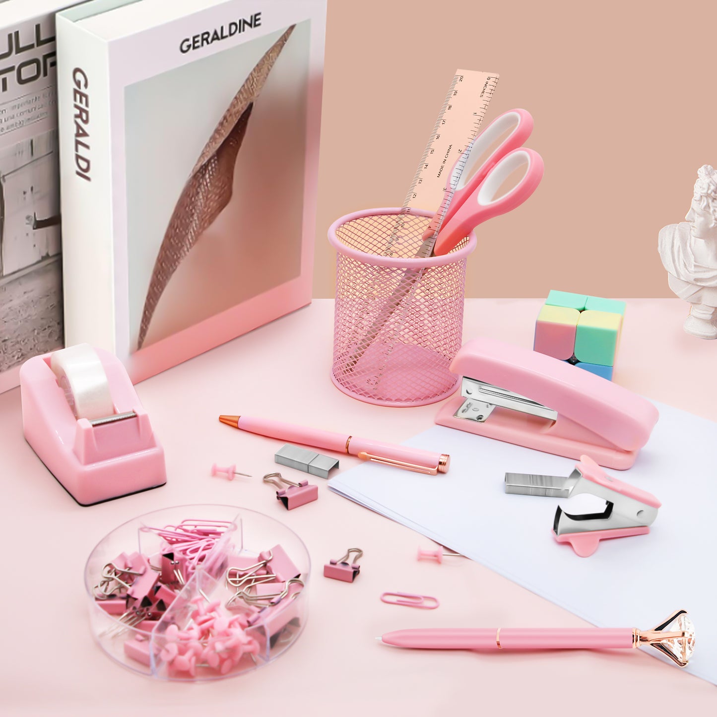 Pink Office Supplies Set Desk Accessories for Women with Stapler,Tape Dispenser,1000 Staples,Pen Holder,Staple Remover,Clips,Ruler,Scissors, Tabs,Tape,Ballpoint Pen