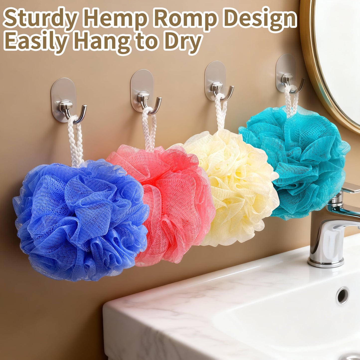 Shower Loofah Bath Sponge 60g/Piece, Exfoliating Bath Sponge Body Scrubber - Bath Pouf Balls Set of 4 Flower Color