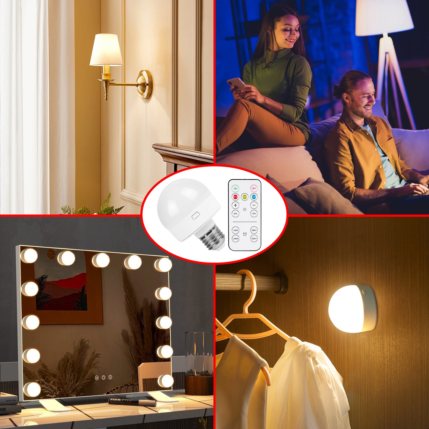Rechargeable Battery Operated Light Bulb with Remote Control 2 Packs, 2500mAh 350LM Dimmable Detachable LED Bulb with 15 Colors Selectable & 3 Timer, Wireless Puck Light Bulb for Wall Sconce