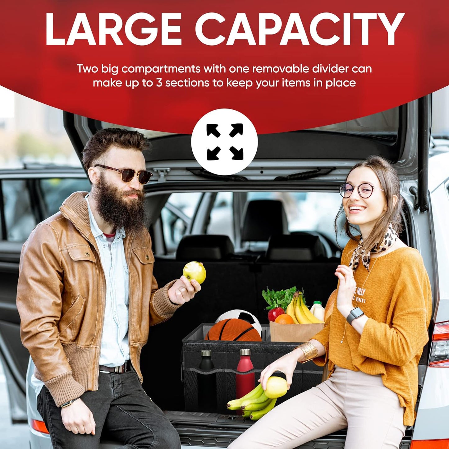 Car Trunk Organizer, Collapsible Multi Compartment Car Organizer, Foldable SUV Storage for Car Accessories for Women Men, Non Slip Bottom, Securing Straps, Soft Cover 60L