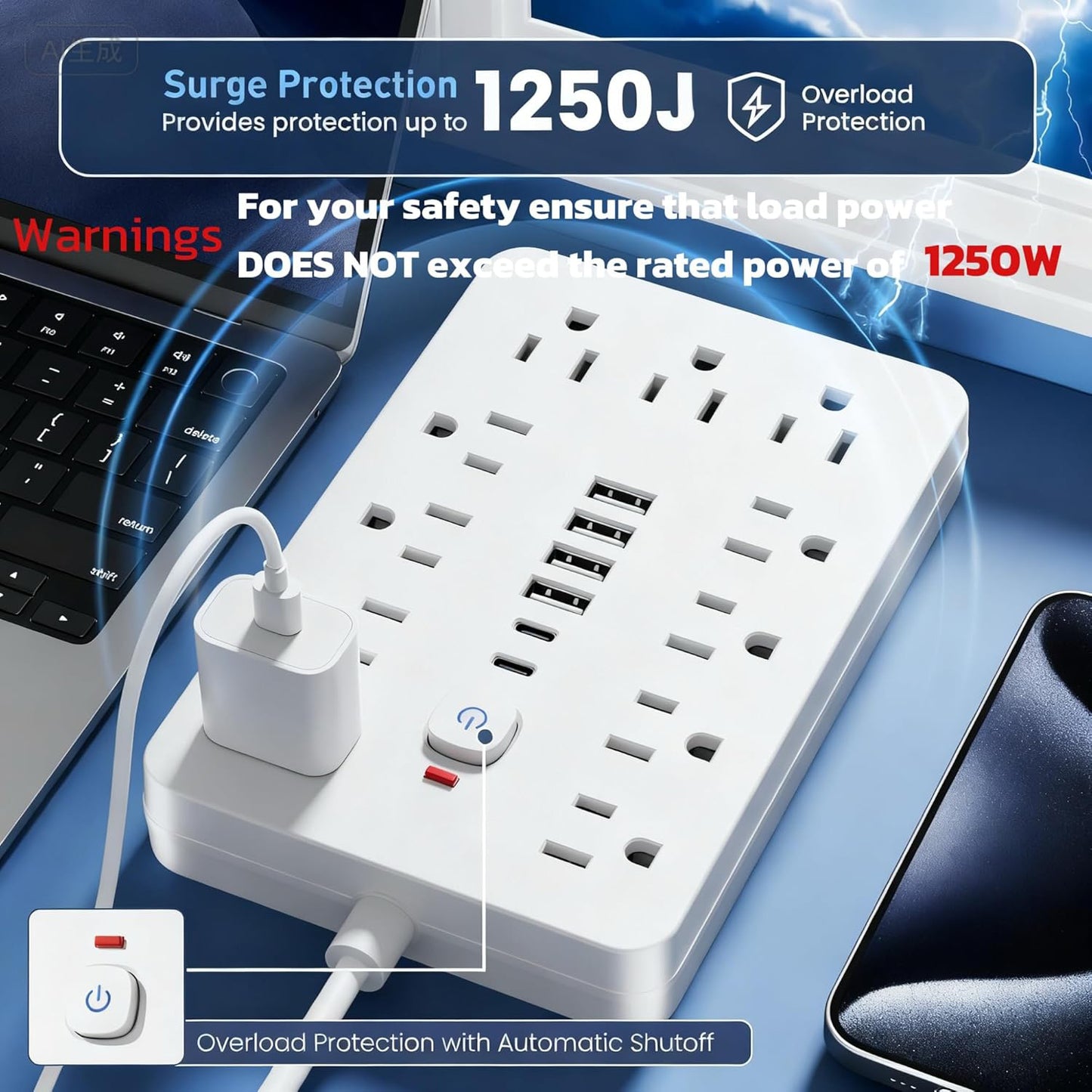 Power Strip, Surge Protector with 11 Multiple AC Outlets and 6 USB Ports (2 USB C), 6 Ft Extension Cord, 1250W/10A, One Touch Switch Button, 17 in 1 Compact powerstrip (White)