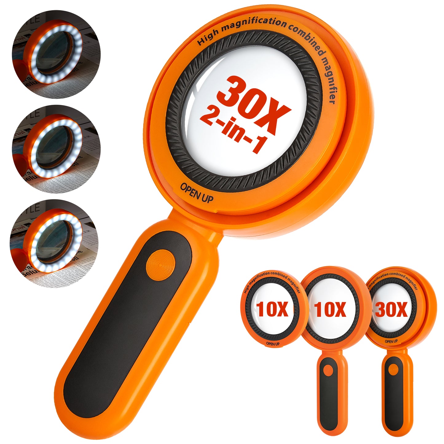 Meromore Magnifying Glass with Light, 30X 10X Magnification Handheld Magnifier with 3 Light Brightnesses and 21 LED Light for Reading, Hobbies, Inspection, Crafts, Exploring, Map, Orange