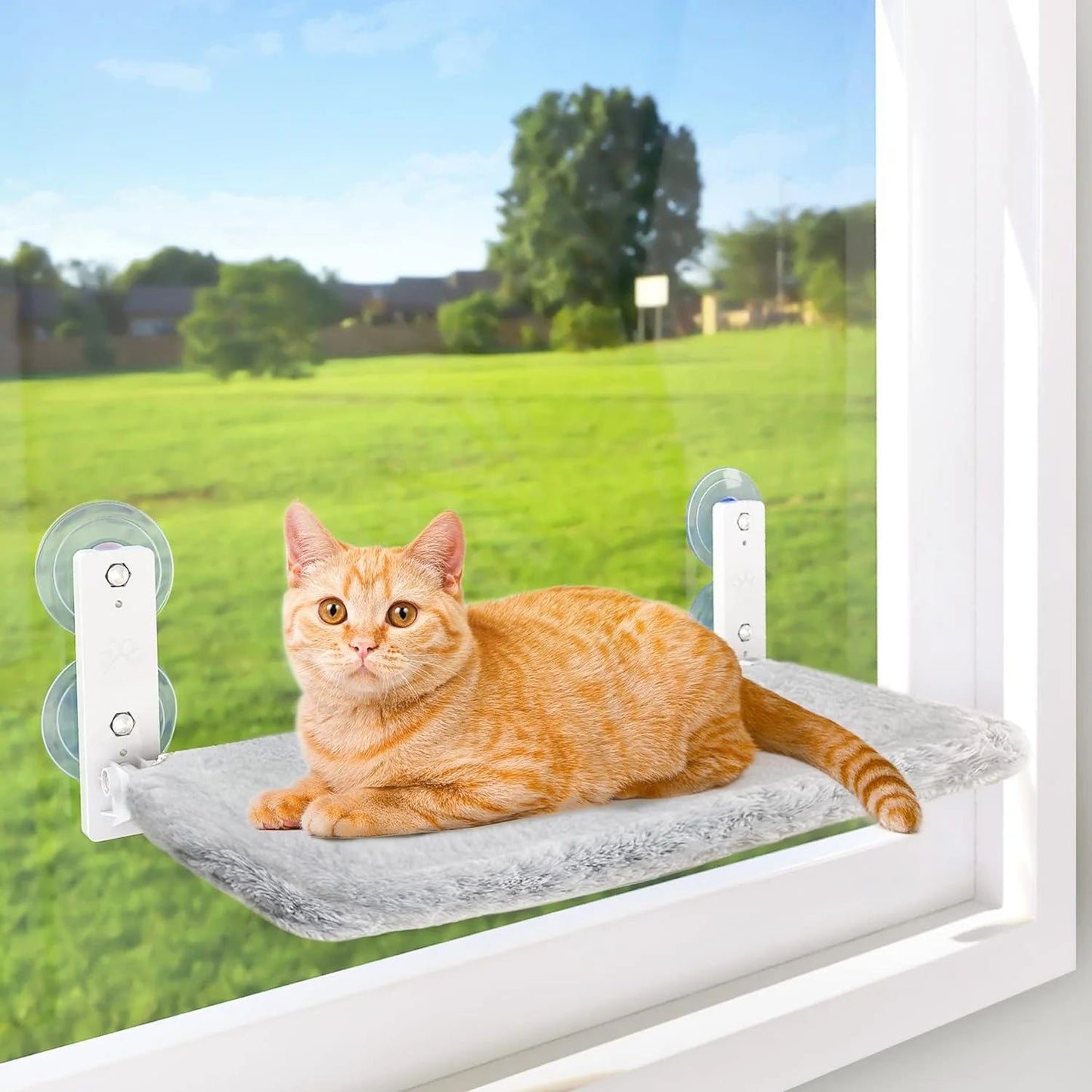 Meromore Cordless Cat Window Perch, Cat Hammock with 4 Suction Cups, Solid Metal Frame and Reversible Cover, Foldable Cat Beds for Indoor Cats