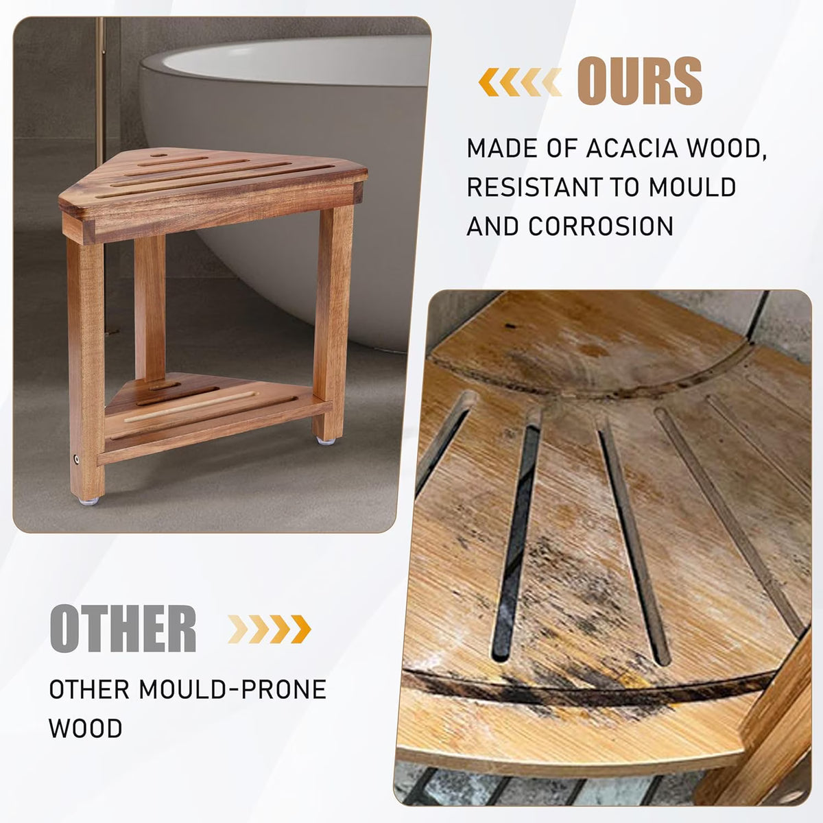 Shower Foot Rest, 14in Acacia Wood Shower Stool for Shaving Legs, Waterproof Corner Shower Stool with Storage Shelf for Inside Small Shower Spaces