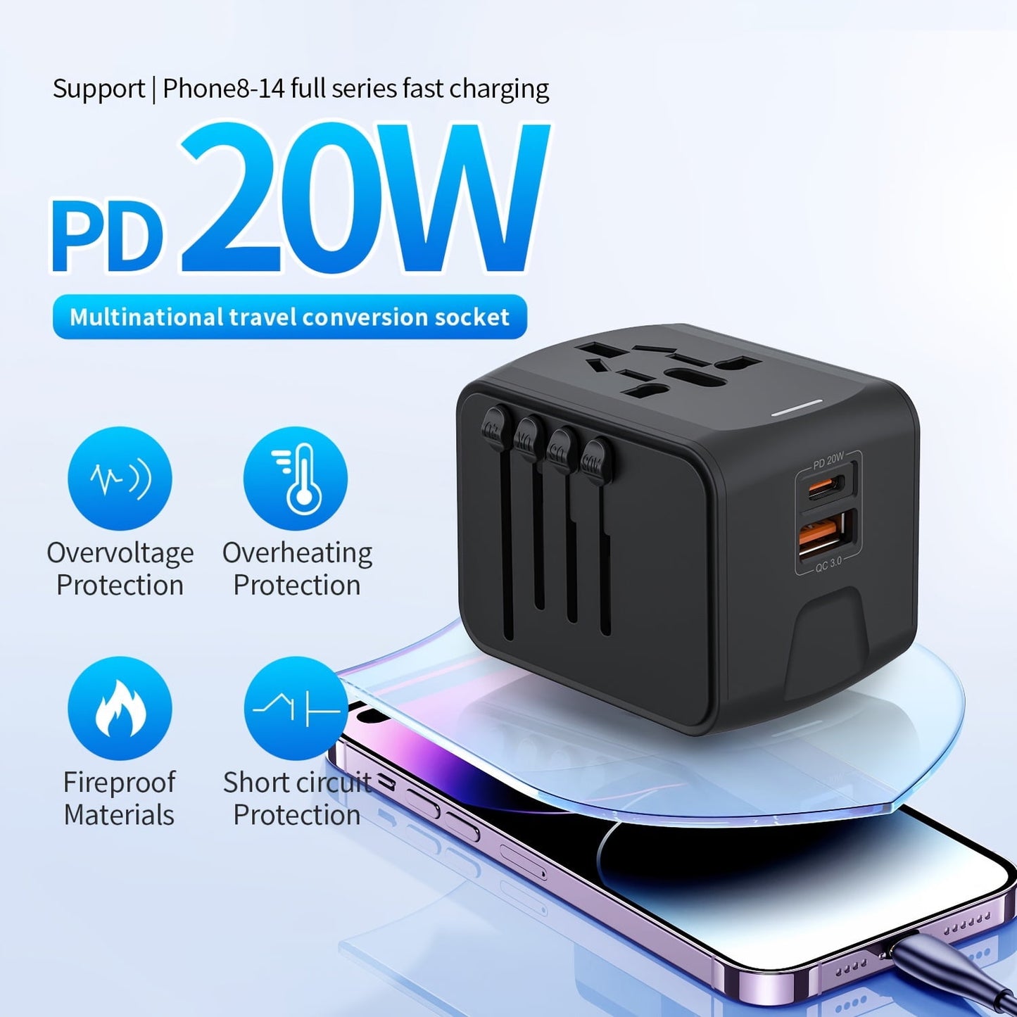 Universal Travel Adapter, European Travel Plug Adapter with 1 USB-C 20W PD Fast Charging & 1 USB-A Adaptor All-in-one Wall Charger for USA EU UK AUS