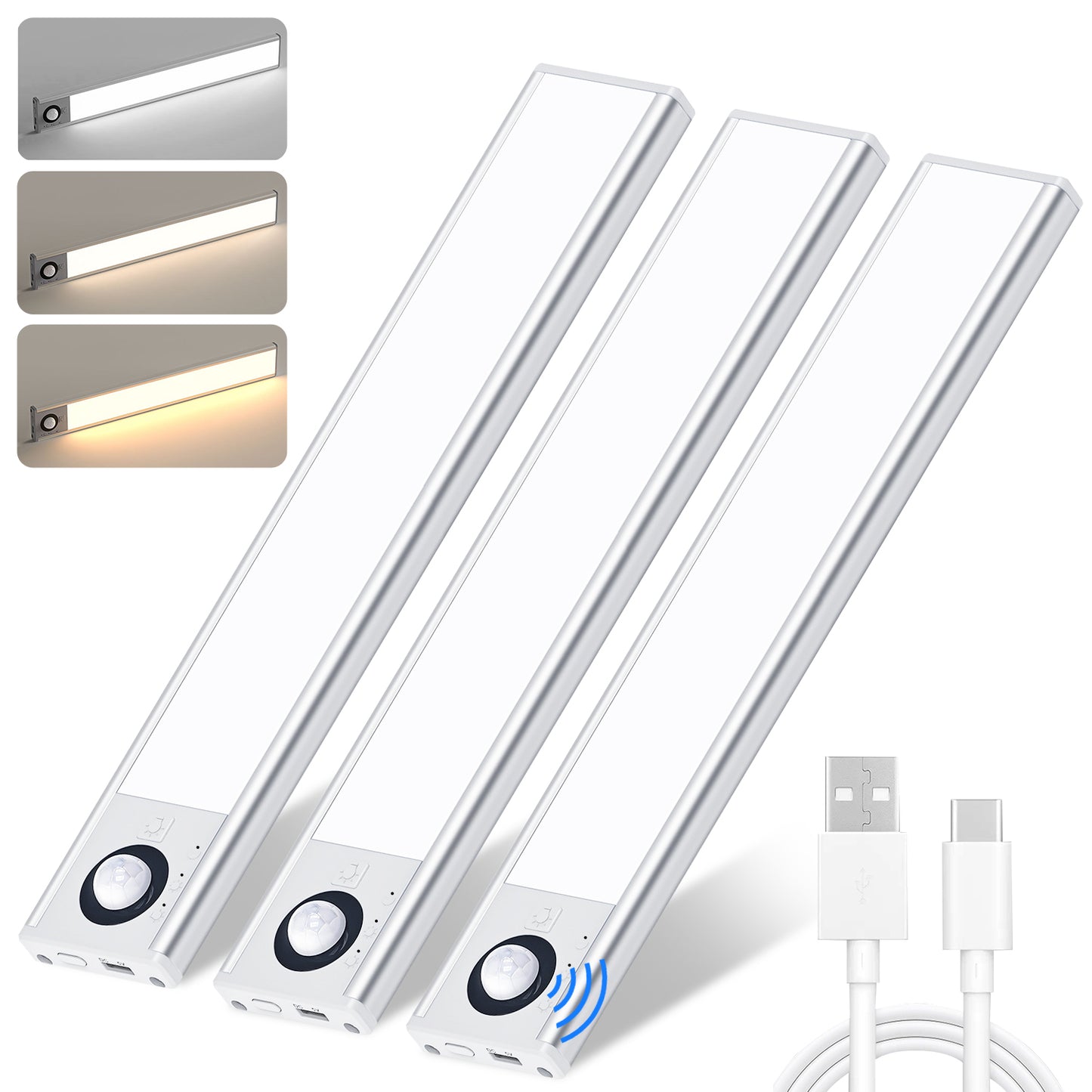 44 LED Under Cabinet Lighting, Stepless Dimming Motion Sensor Light Indoor, 3 Color Wireless Closet Lights,1200mAh Rechargeable Battery Operated Light for Kitchen, Hallway, Stair, 3 Packs