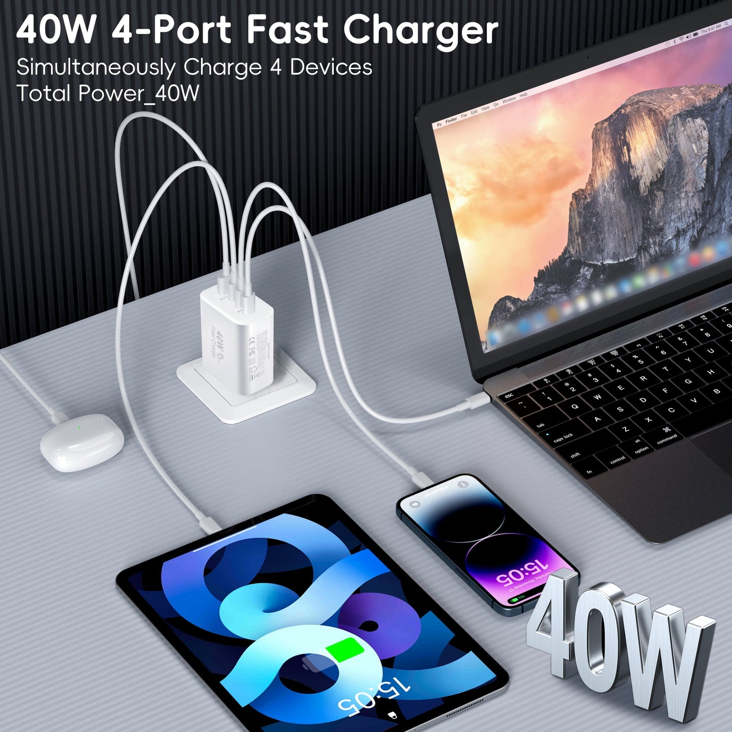 40W USB C Charger Block with 6FT USB C to C Cable, 4 USB C Port PD&QC Wall Charger Block Fast Charging Cube Compatible with iPhone 16 15 Galaxy S25 S24 Ultra, Watch, Tablet