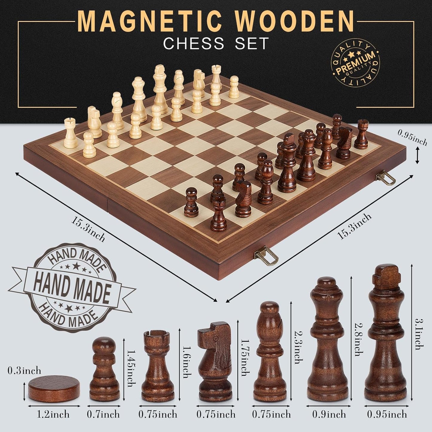2 in 1 Magnetic Chess Set & Checkers Board Game, 15" Wooden Folding Chess Board with 2 Extra Queens, Portable Travel Chess Set, Beginner Chess Board Game for Adults & Kids