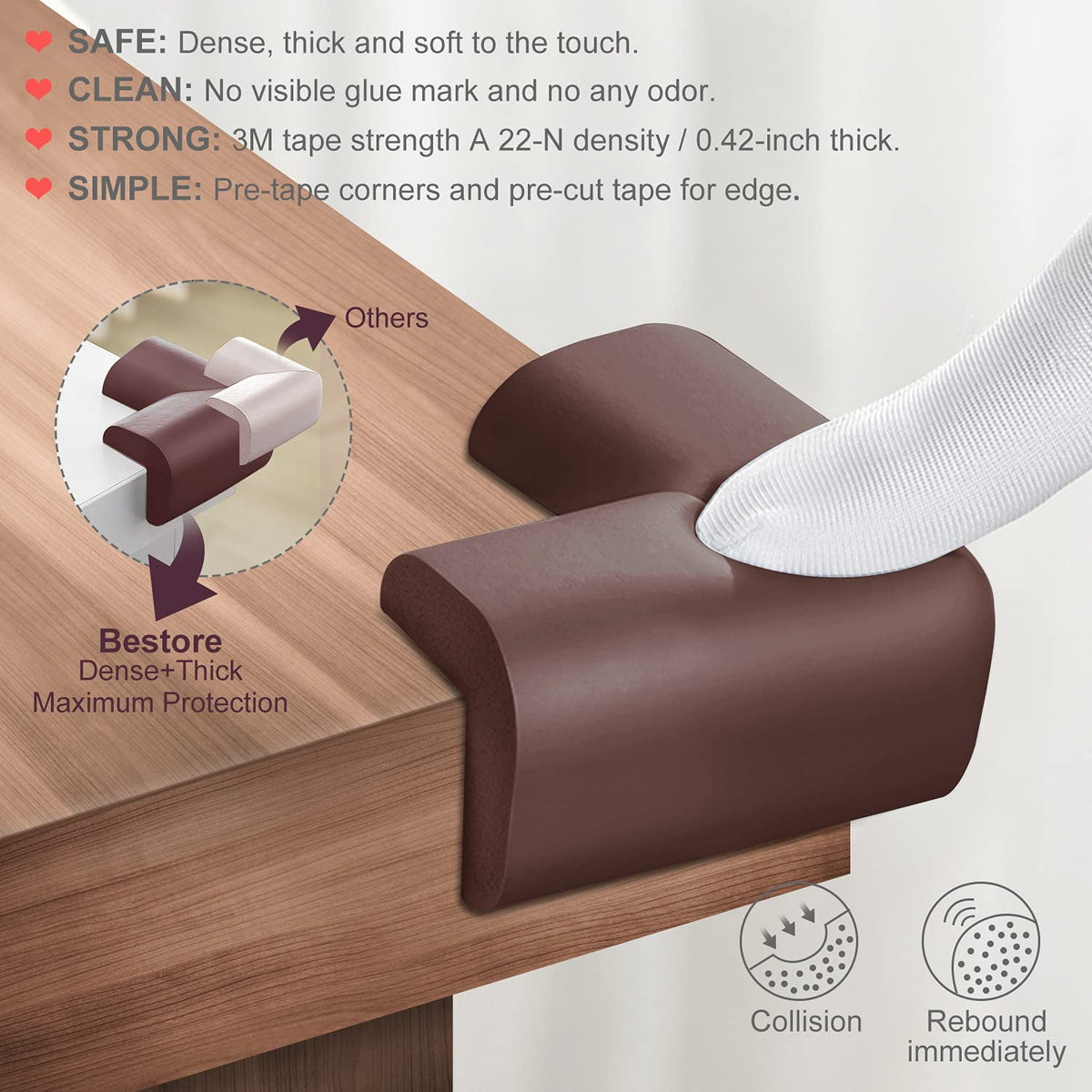 Edge Corner Protector Baby Proofing, 16.5ft Edge & 8 Corners, Soft NBR Foam Furniture Fireplace Safety Bumper Guard with Strong Adhesive (Coffee Brown)