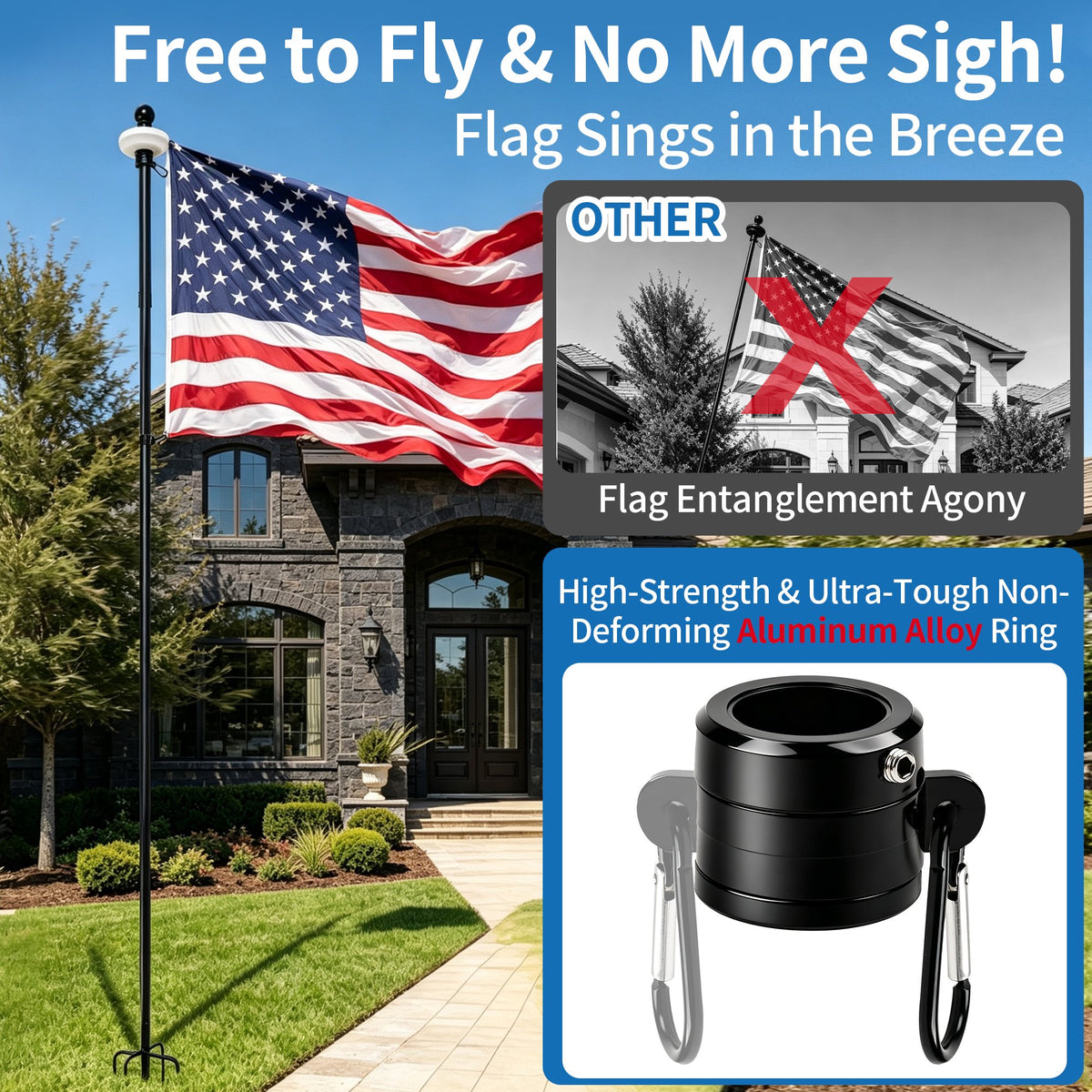 10 FT In Ground Flag Poles for Outside House, Stainless Steel Heavy Duty Flag Pole with 5-Prong Base & Solar Light, Windproof Ground Flagpoles for Yard Outdoor Garden Decor (Flag Not Included)