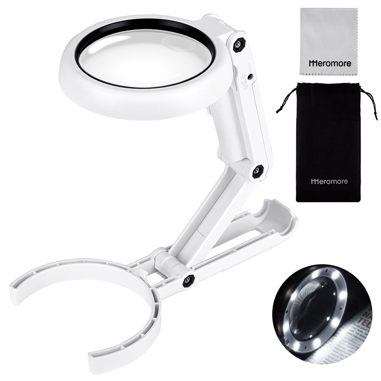 Folding Magnifying Glass with Light, Meromore Handheld Illuminated Lighted LED Magnifier with 5x 11x High Magnification for Reading Aids, Jewelers Loupe