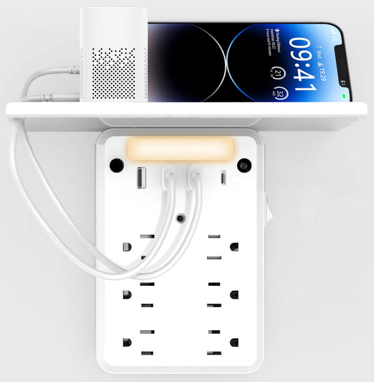 Multi Plug Outlet Surge Protector with Shelf and Night Light, 6 Outlet Extender with 4 USB Charging Ports, Wall Outlet Expander Power Strip for Home, Office, Travel
