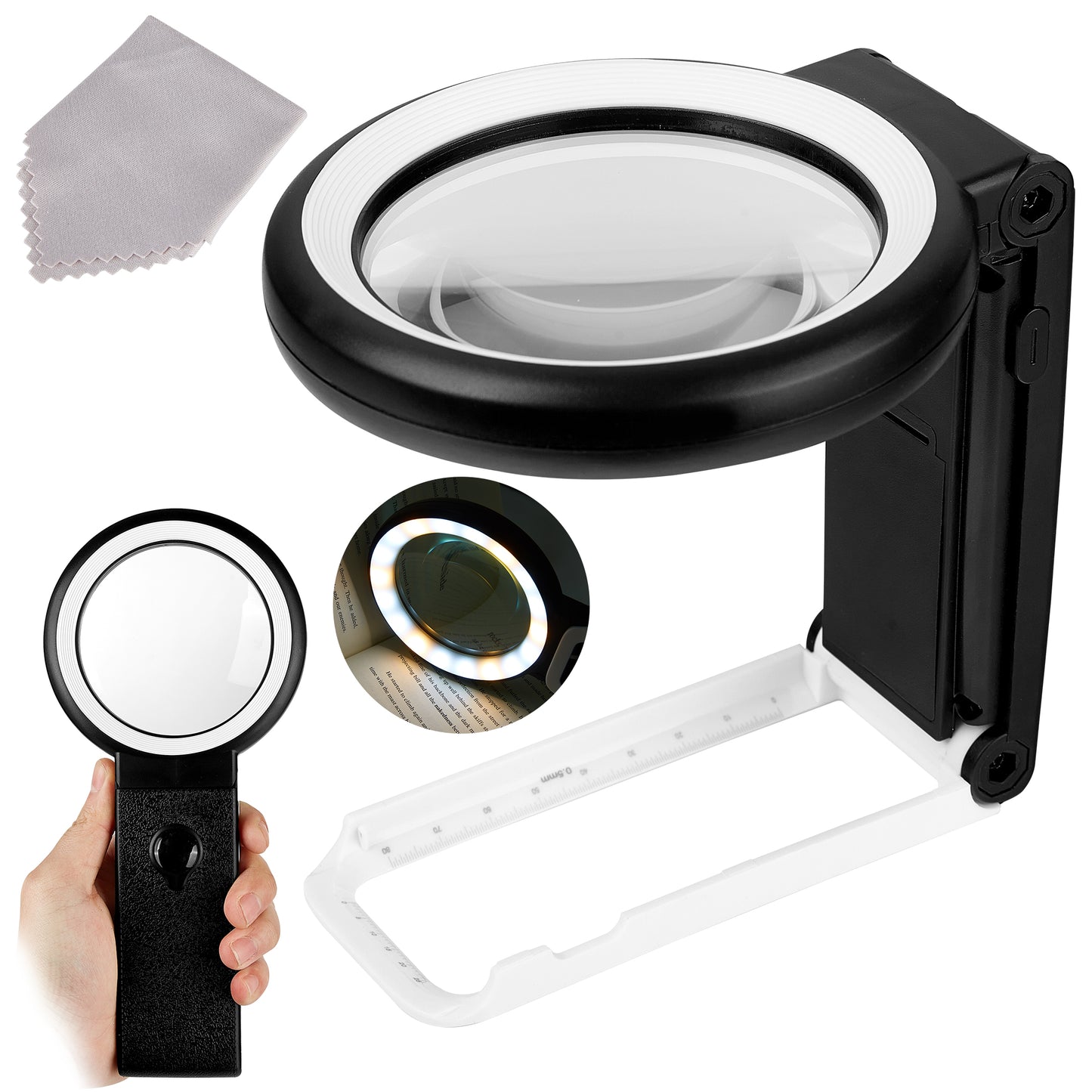 Meromore 10X 30X Magnifying Glass with Light and Stand, Folding Design 18 LED Illuminated for Close Work, Handheld Large Glasses Reading