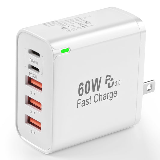 USB C Fast Charger Block, 60W 5-Port USB C Wall Charger 30W Type C Charging Block, 2USB C+3USB A PPS/PD 3.0 Multiport Charging Cube Compatible with iPhone 16 15 14 13 Pro Max, Galaxy S25 S24 Ultra