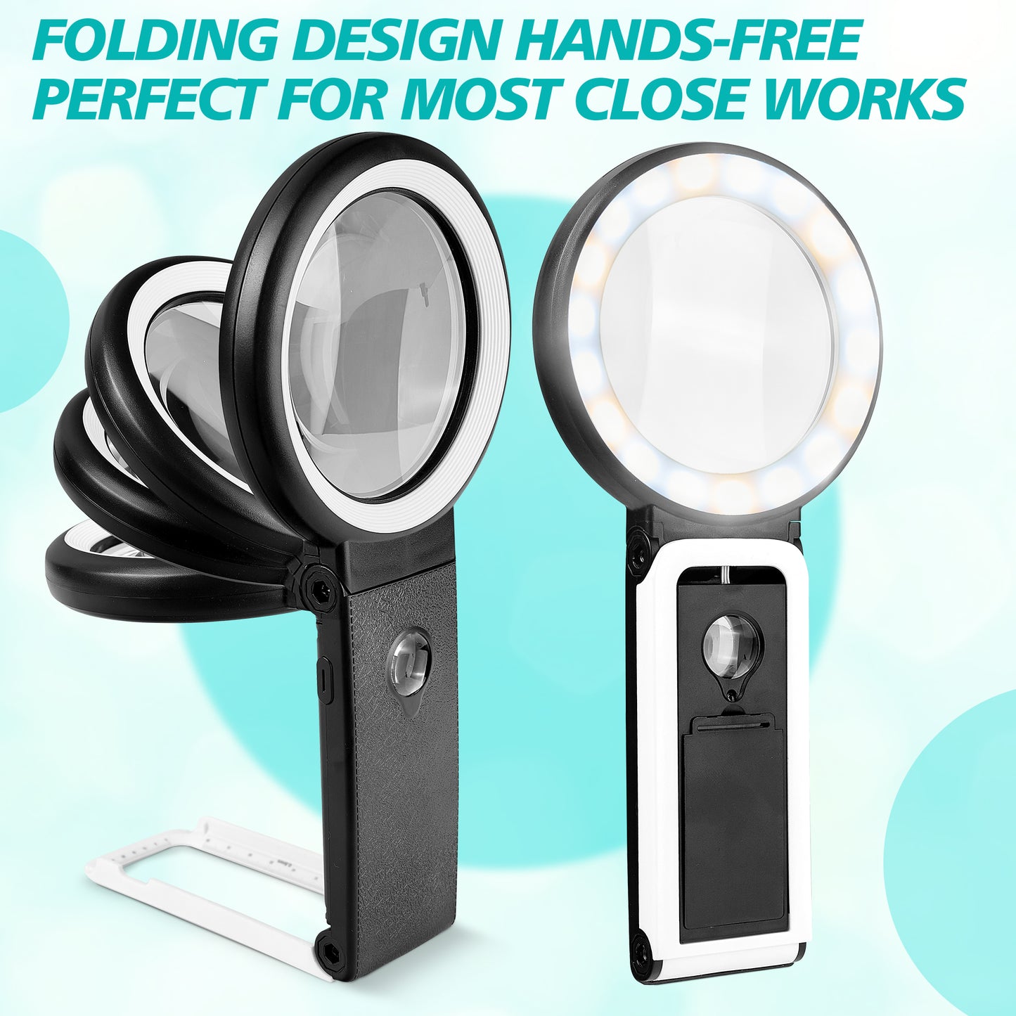 Meromore 10X 30X Magnifying Glass with Light and Stand, Folding Design 18 LED Illuminated for Close Work, Handheld Large Glasses Reading