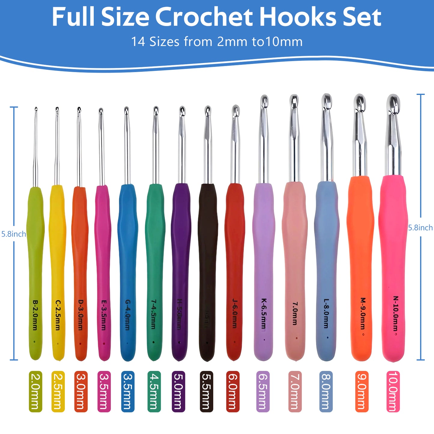 14 Size Crochet Hooks Set, 2mm(B)-10mm(N) Crochet Kit for Beginners, Knitting Needles with Ergonomic Handles for Arthritic Hands, Crochet Needle Kit with Blue Case for Crocheters