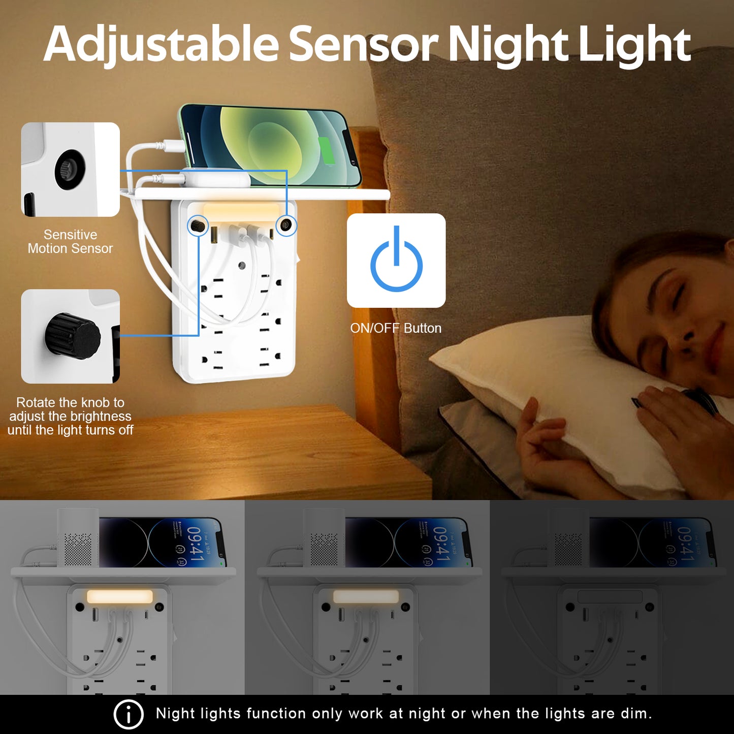 Multi Plug Outlet Surge Protector with Shelf and Night Light, 6 Outlet Extender with 4 USB Charging Ports, Wall Outlet Expander Power Strip for Home, Office, Travel