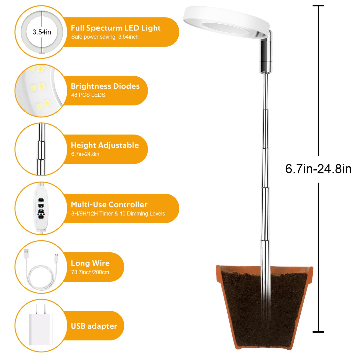 Grow Light, Full Spectrum LED Plant Light for Indoor Plants, Height Adjustable Growing Lamp with Auto On/Off Timer 3/9/12H, 3 Dimmable Brightness, Ideal for Small Plants