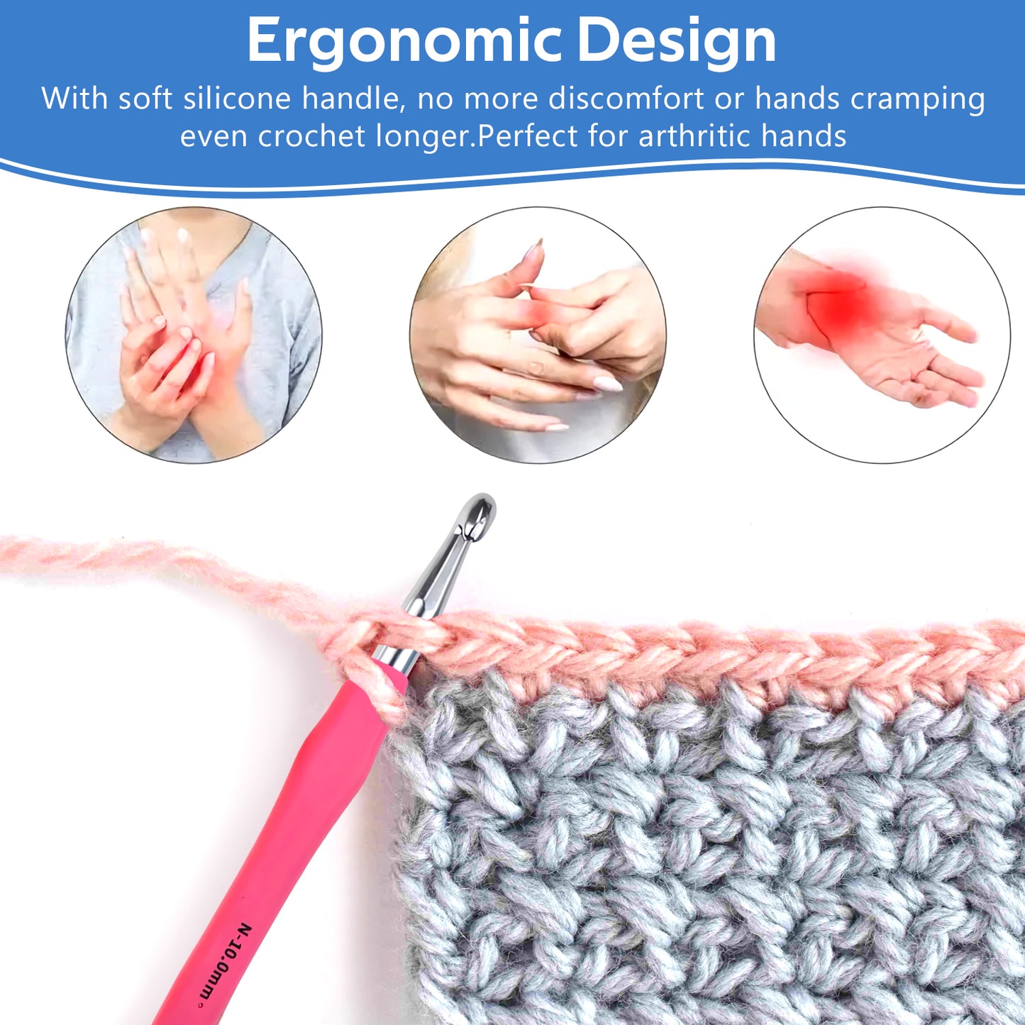 14 Size Crochet Hooks Set, 2mm(B)-10mm(N) Crochet Kit for Beginners, Knitting Needles with Ergonomic Handles for Arthritic Hands, Crochet Needle Kit with Blue Case for Crocheters