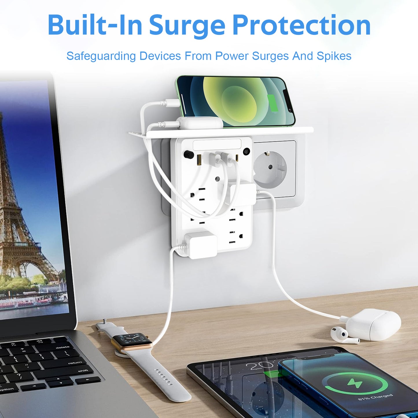 Multi Plug Outlet Surge Protector with Shelf and Night Light, 6 Outlet Extender with 4 USB Charging Ports, Wall Outlet Expander Power Strip for Home, Office, Travel
