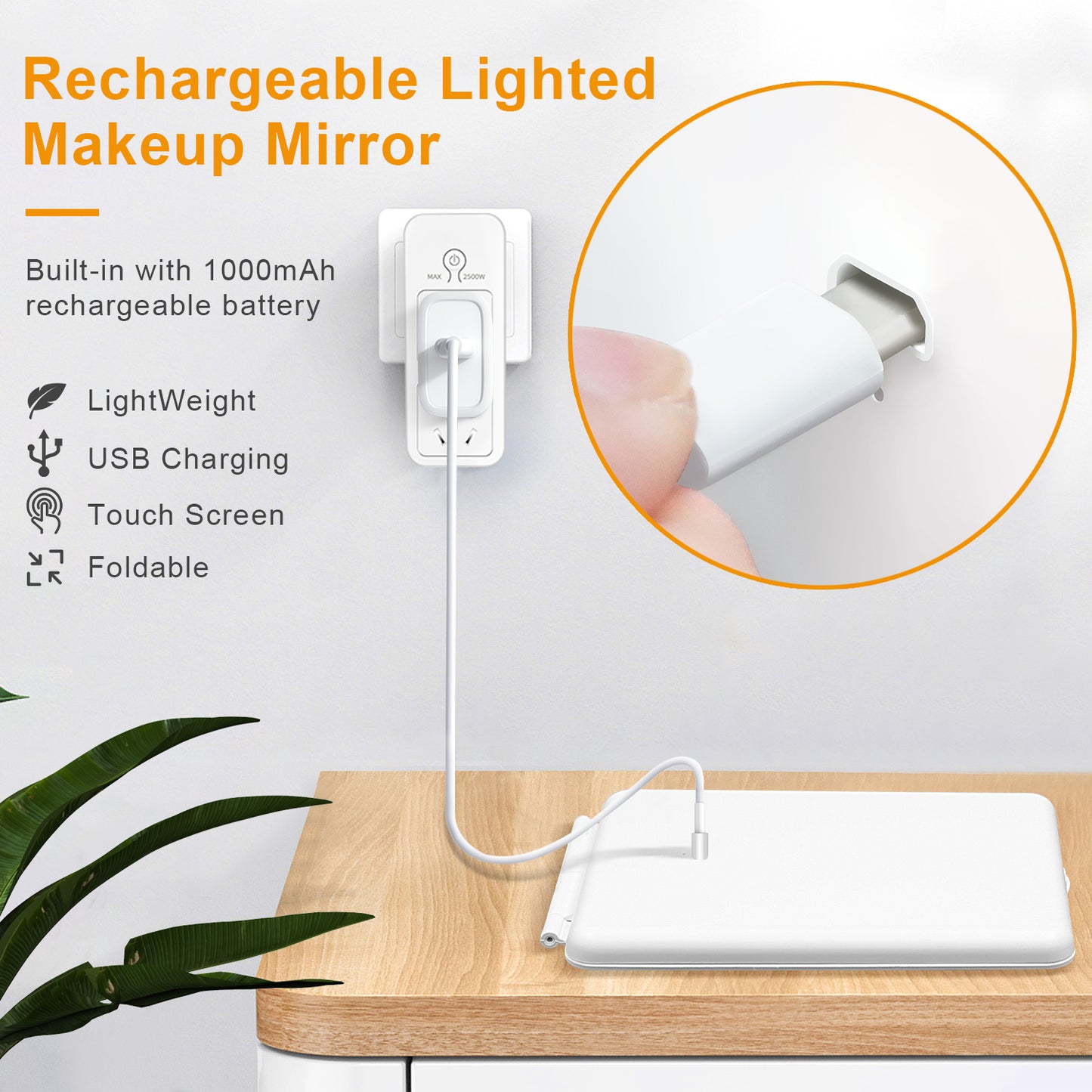 Rechargeable Travel Makeup Mirror 48 LED Lighted Makeup Mirror Travel Mirror Compact Slim LED Vanity Mirror with Lights Lighted Makeup Mirror with 3 Lighting Modes Dimmable Touch Screen