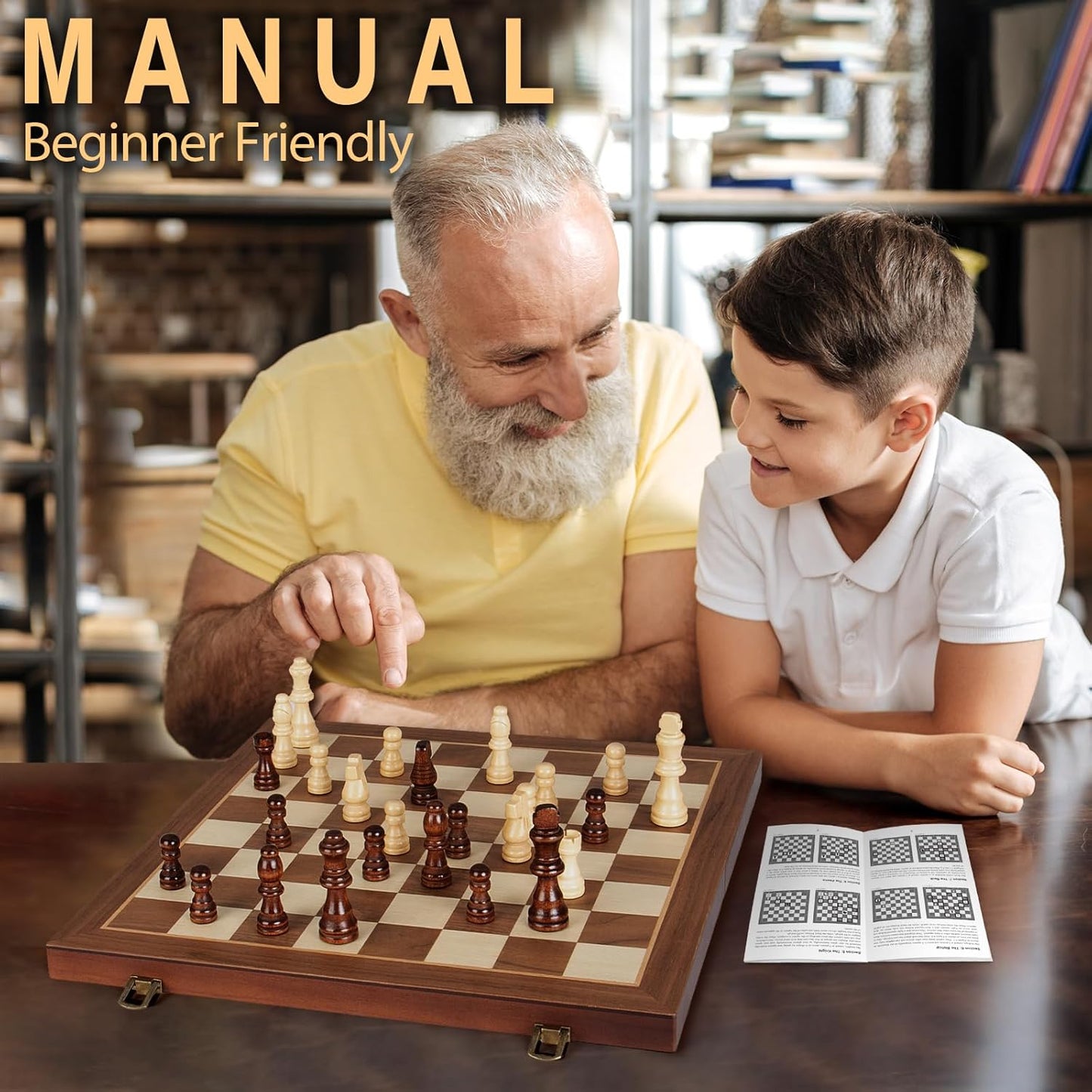 2 in 1 Magnetic Chess Set & Checkers Board Game, 15" Wooden Folding Chess Board with 2 Extra Queens, Portable Travel Chess Set, Beginner Chess Board Game for Adults & Kids