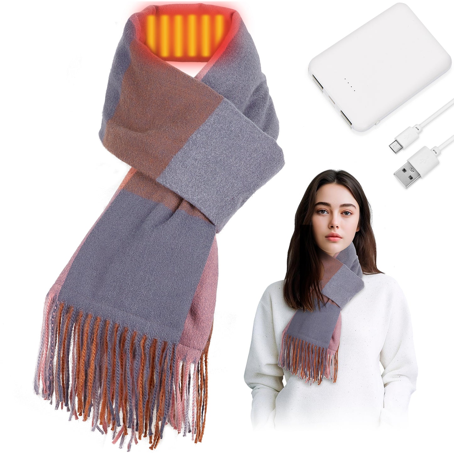USB Rechargeable Heated Scarf Electric Heating Scarf with Neck Heating Pad Washable Shawl Soft Warm Neck Christmas Gift for Women Men