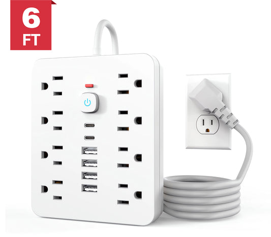 Power Strip, Surge Protector with 8 AC Outlets 6 USB Ports (2 USB C), 6 Ft Extension Cord, 1250W/10A, Wall Mount, Overload Protection Desk USB Charging Station for Home, Office (White)