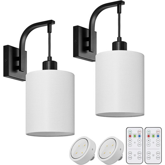 Battery Operated Wall Sconces Set of Two, Wireless Sconces Wall Decor with Remote Control, 3 Color Temperatures, Dimmable Indoor Wall Lights for Living Room Bedroom, White Linen Shade