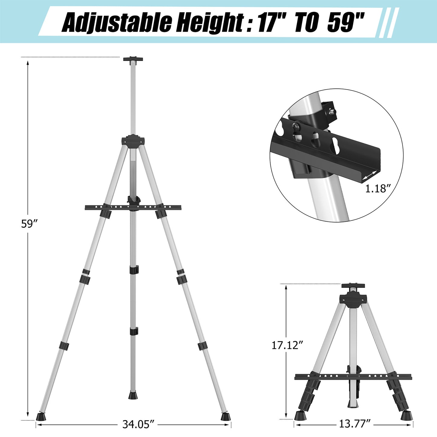 Artist Easel Stand, Aluminum Metal Tripod Adjustable Easel for Painting Canvases Height from 17 to 59 Inch, Carry Bag for Table-Top/Floor Drawing and Displaying