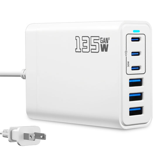 USB C Charger Block, 135W GaN 6 Port Fast Charging Station USB C Hub Wall Charger Type C PD Adapter Plug Cube for iPad iPhone 16 15 14 13 12 11 Pro Max Pixel Note Galaxy
