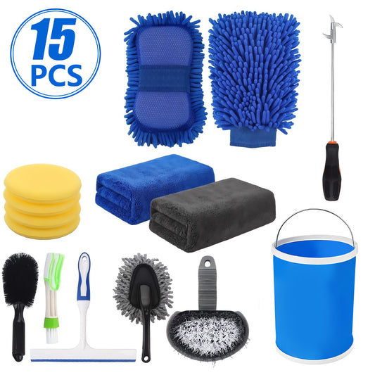 Meromore 15Pcs Car Wash Cleaning Tools Kit Car Detailing Set with Collapsible Bucket Wash Mitt Sponge Towels Tire Brush Window Scraper Duster Complete Interior Car Care Kit