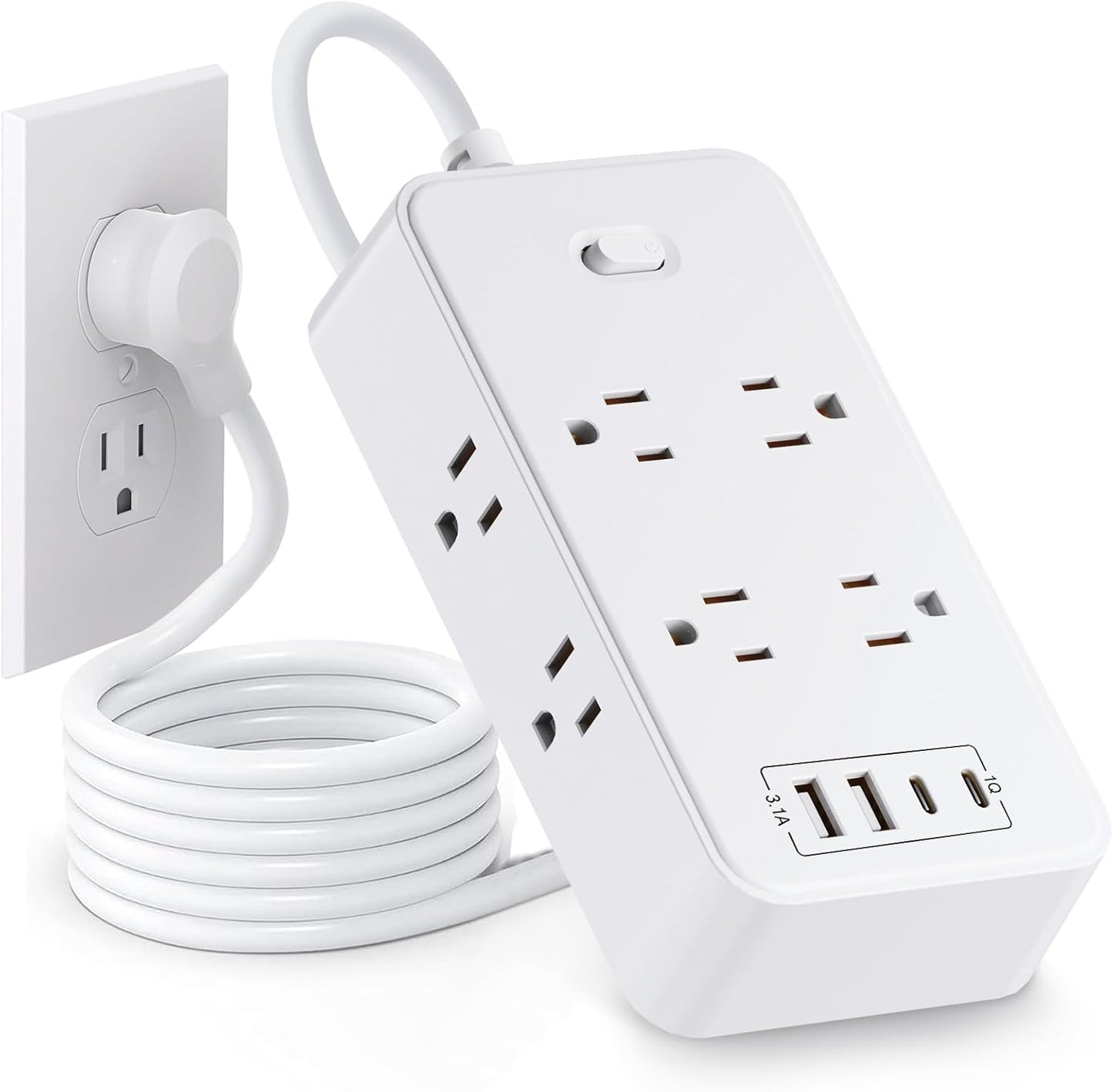 Power Strip Surge Protector, 6.5Ft Extension Cord with 8 Outlets 4 USB Ports(2 USB-C), Wall Mount for Home Office (White)