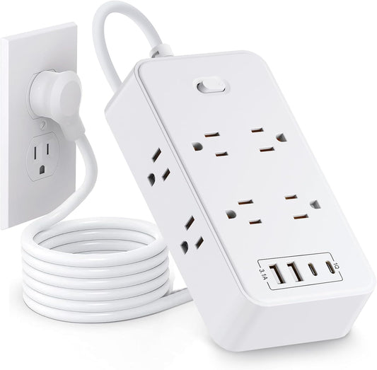 Power Strip Surge Protector, 6.5Ft Extension Cord with 8 Outlets 4 USB Ports(2 USB-C), Wall Mount for Home Office (White)