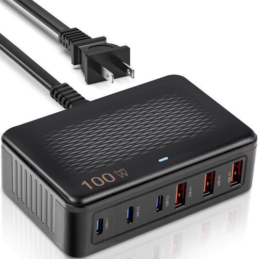USB C Fast Charger, 100W GaN 6 Port Type USB C Charging Station Hub Block Cube, USB C Wall Charger Power Strip Adapter Plug for iPad iPhone 16 15 14 13 12 Pro Max Pixel Note Galaxy, 5ft Cord (Black)