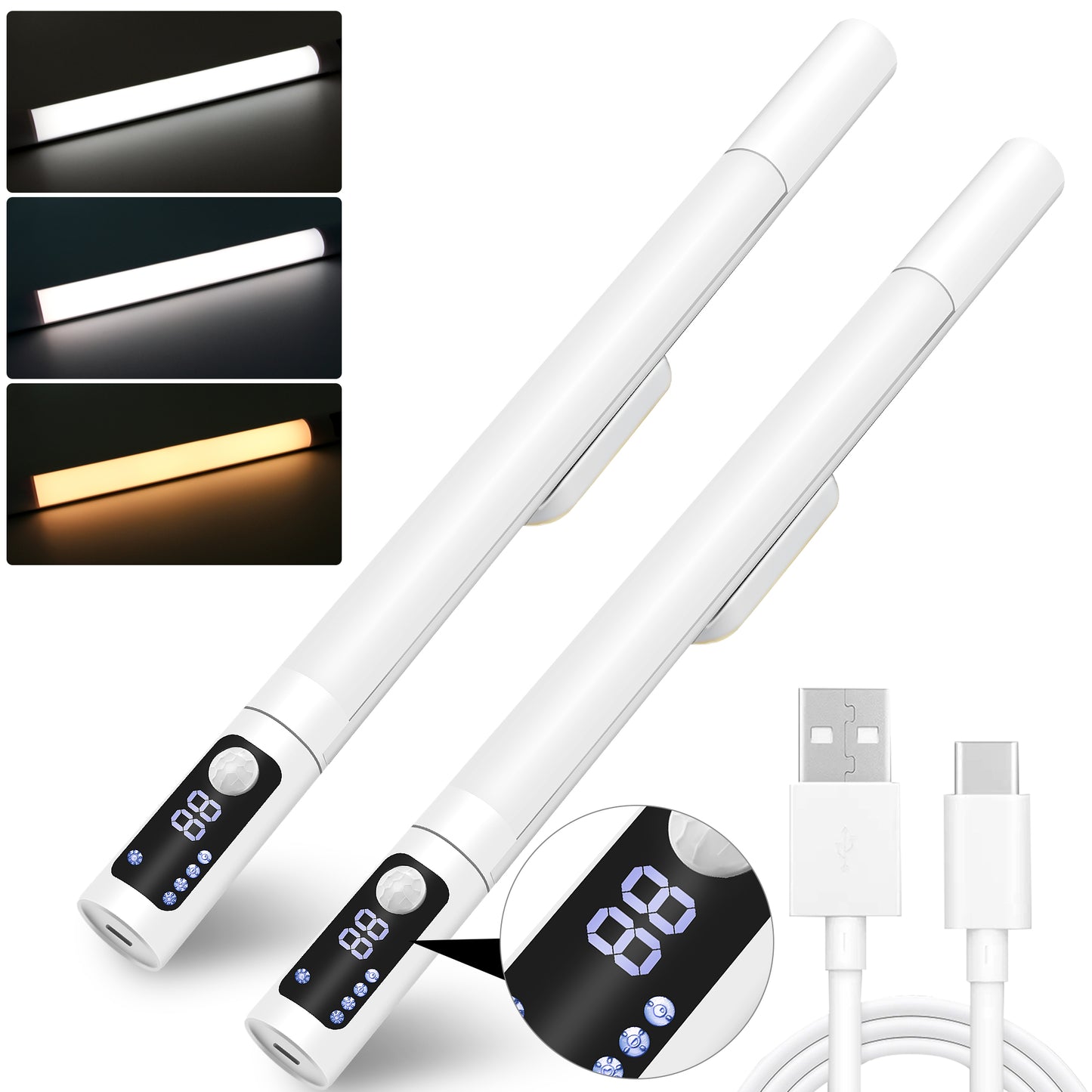 Under Cabinet Lights,44 LED Motion Sensor Light Indoor, Closet Lights with 1200mAh Large Battery,15in Rechargeable Magnetic Under Counter Lights for Kitchen,Battery Level Display，2PCS