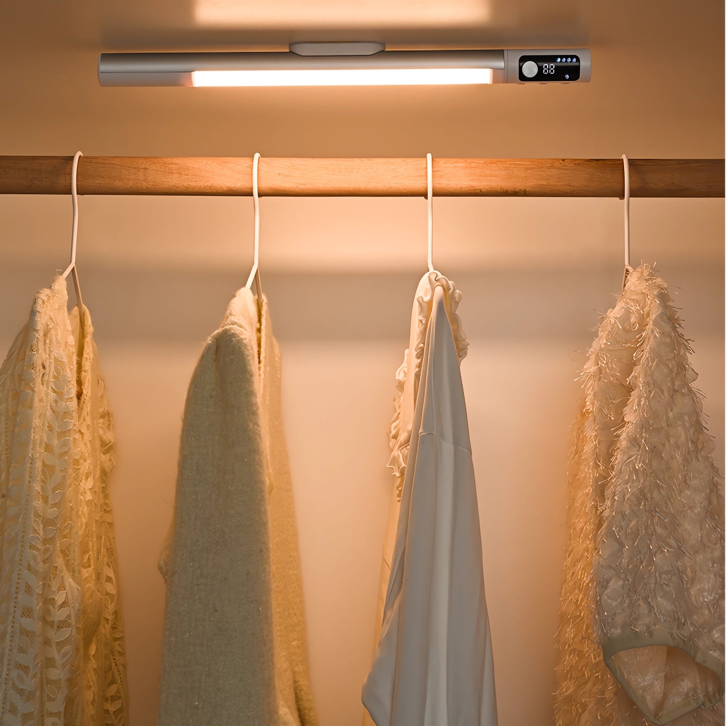 LED Closet Light, 44 LED Rechargeable Motion Sensor Light Indoor, Meromore Under Cabinet Lighting with 1200mAh Battery for Hallway Stairway Wardrobe Kitchen,Battery Level Display