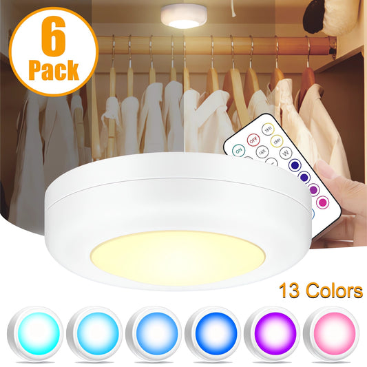 Puck Lights, 13 Colors Changeable LED Puck lightings Battery Powered Dimmable Under Cabinet Lights, Battery Powered Under Counter Lights with 2 Wireless Remote Controls for Kitchen (6 Pcs)