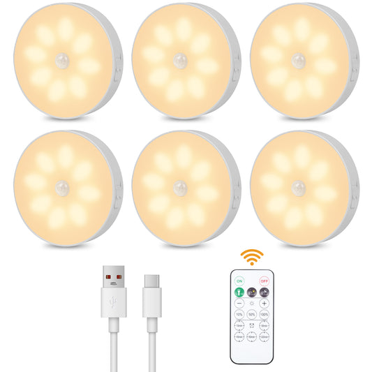 LED Closet Lights Wireless Motion Sensor Puck Light, USB Rechargeable Battery Operated Puck Lights with Remote, Dimmable Under Cabinet Lighting for Wardrobe Kitchen (6 Pack)