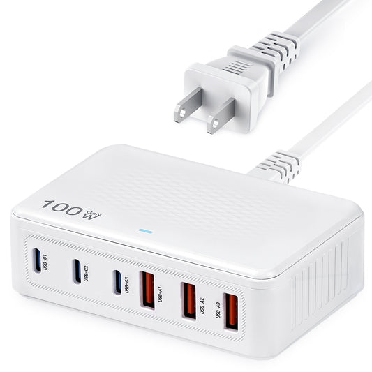 USB C Fast Charger, 100W GaN 6 Port Type USB C Charging Station Hub Block Cube, USB C Wall Charger Power Strip Adapter Plug for iPad iPhone 16 15 14 13 12 Pro Max Pixel Note Galaxy, 5ft Cord (White)