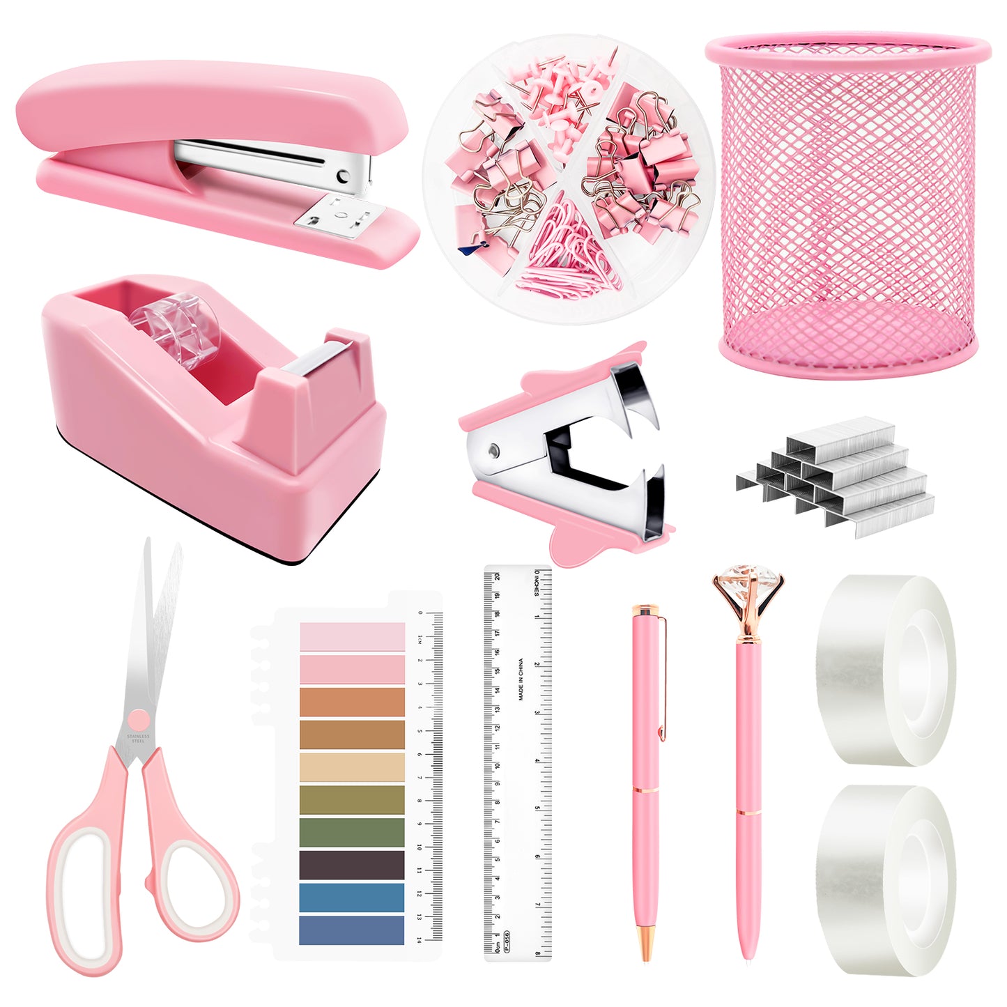 Pink Office Supplies Set Desk Accessories for Women with Stapler,Tape Dispenser,1000 Staples,Pen Holder,Staple Remover,Clips,Ruler,Scissors, Tabs,Tape,Ballpoint Pen